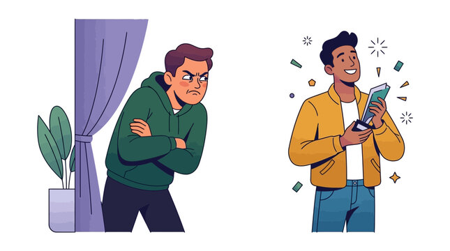 Illustration showing a jealous man looking at a successful happy man holding a trophy.