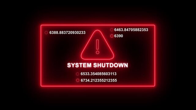 Neon red system shutdown warning interface with pulsing digital data streams and alert symbol for cyber security, hacking, critical error, software failure, network breach, and technical emergency