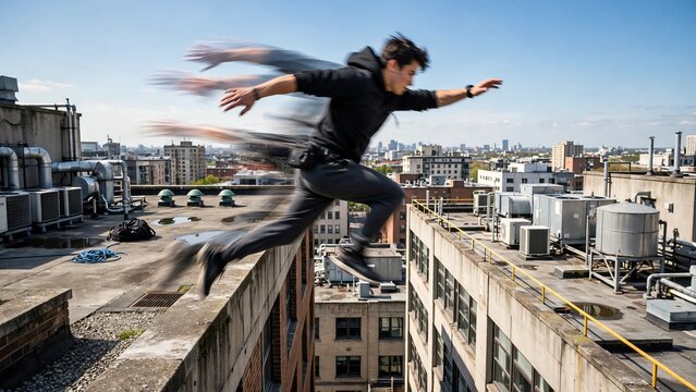 Young Caucasian man performing a parkour jump between urban rooftops with a dynamic motion blur trail effect, athletic freerunning action in the city skyline, active extreme sports lifestyle