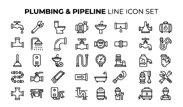 Plumbing and Pipeline Line Icon Set Editable Stroke Water Pipe Repair Sanitation Outline Vector Illustration Symbols Collection