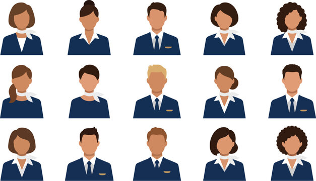 Diverse group of flight attendant silhouettes on a white background