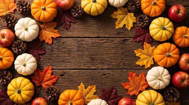 Warm autumn background with pumpkins apples and pinecones