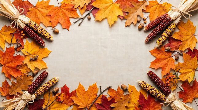 Autumn leaves and corn cobs border frame on rustic table