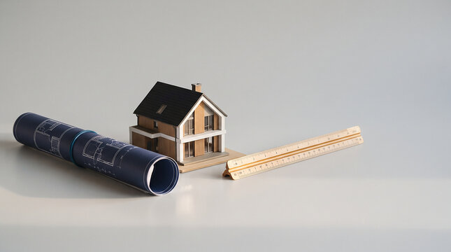 Architectural model house with blueprint and scale ruler on workspace, real estate concept