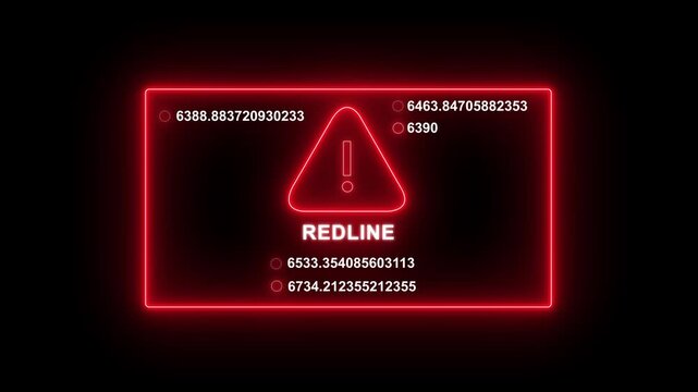 Digital redline warning sign with glowing neon red border and rapidly changing numerical data streams for cybersecurity, system error alerts, financial market volatility, and high-tech industrial