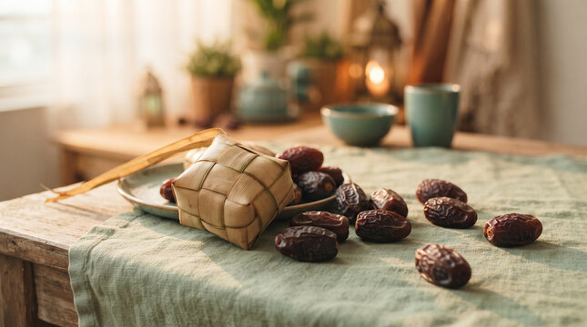 Traditional ketupat and sweet dates on wooden table for festive celebration