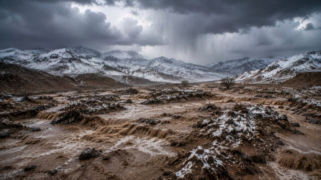 Flash Flood in Snowy Mountain Valley During Severe Storm and Heavy Rain