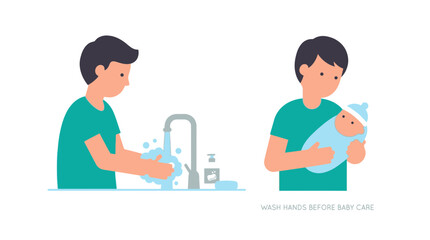 Fototapeta premium Illustration showing a man washing hands before handling a newborn baby