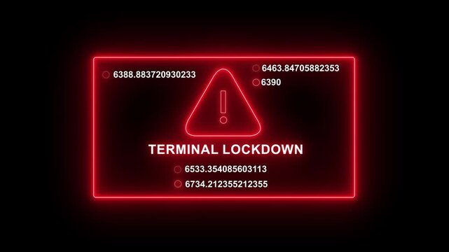 Cybersecurity terminal lockdown warning alert with glowing red neon warning triangle and rapidly changing digital data stream counter numbers on a dark background, for high-tech system security