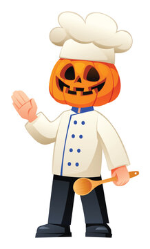 Pumpkin head chef waving hand and holding a wooden spoon welcomes spooky kitchen fun. Vector cartoon character illustration