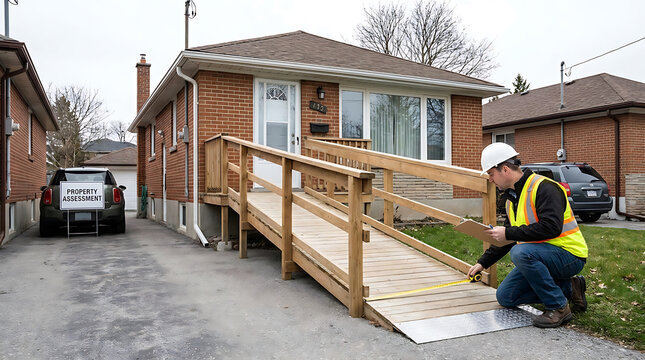 Home inspector ramp, worker measuring accessible entrance at brick house