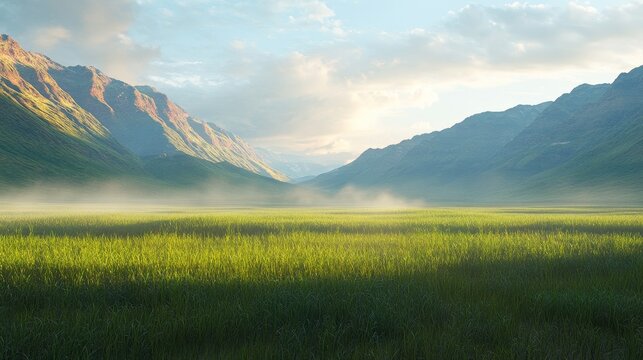 Wide panoramic view of a tropical grassland valley during sunrise with mist and mountains