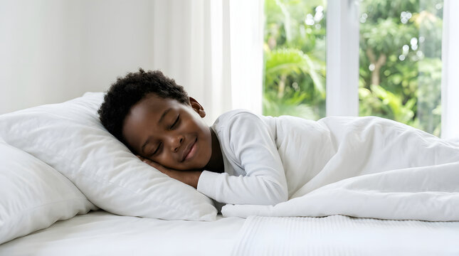 A young boy sleeping peacefully in a comfortable bed. He has a happy expression on his face as he rests, with soft white bedding surrounding him