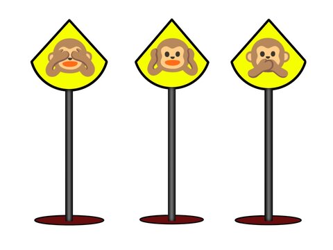Set of yellow drop-shaped warning signs on stands with cute monkey icons.