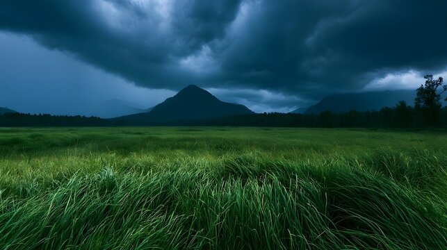 A dramatic storm clouds loom over a vast green meadow with distant mountains under a moody blue sky