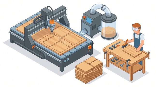 Isometric woodworking workshop with a CNC router and dust extraction