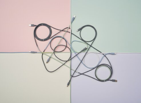Top-down flat lay of intertwined charging and data cables arranged in a creative symmetrical pattern on a four quadrant pastel background
