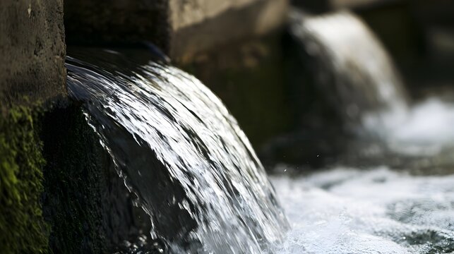 Water cascades down mossy stone structures in a serene natural setting with sunlight reflecting off the flowing surface