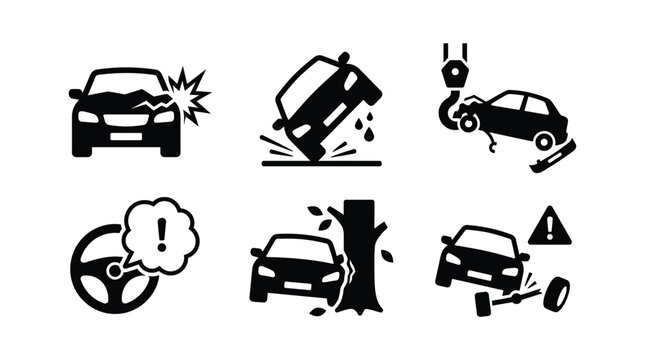 Car accident icon set showing frontal crash rollover towing driver alert tree collision and broken axle