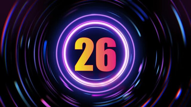 Neon number 26 animation with colorful gradient transition in circular motion graphics on black background