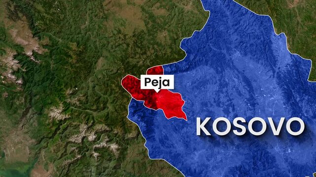 Kosovo map animation highlights peja region with dynamic red highlighting video