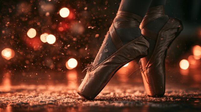 Close-up of ballet dancer's feet wearing pointe shoes on stage with warm lighting and sparks in the background, capturing grace and discipline in dance