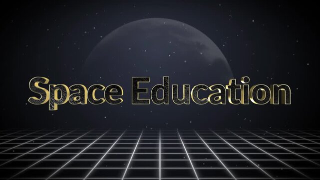 Golden text animation of space education on grid background with moon