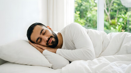 Obraz premium A man with a beard sleeping peacefully on a white pillow in a bed with white sheets. Sunlight streams in from a nearby window, illuminating the tranquil scene