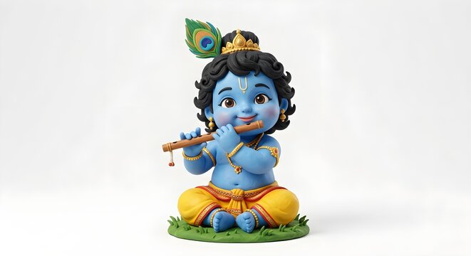 Krishna Janmashtami - Baby Krishna - Gopal kala - Radha - Happy Janmashatmi | Blue-skinned child sits cross-legged, playing flute