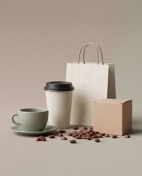 Coffee Cup Branding. Packaging Box and Roasted Beans
