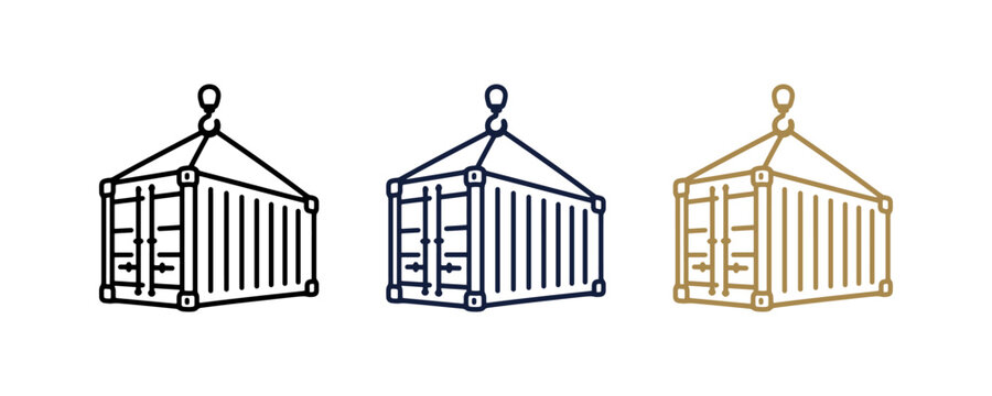 Industrial cargo shipping container icons being lifted by crane hooks in line art style.