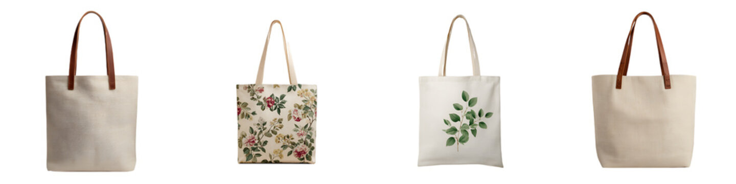 Canvas Tote Bags Collection - Blank and Printed Designs on White Background