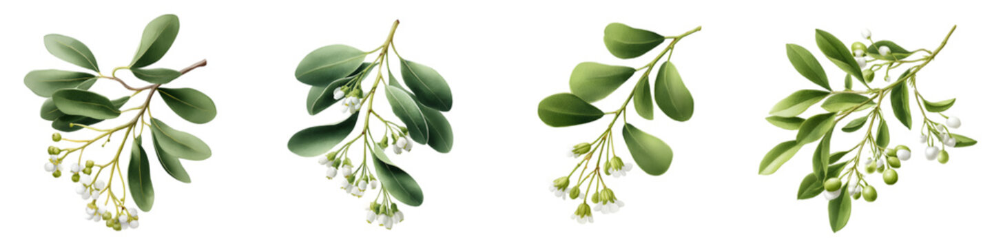 Branches with Green Leaves and White Flowers: Botanical Illustration Set