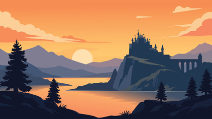 Fototapeta premium Beautiful Orange Sunset Lake Landscape With Castle And Pine Forest Silhouette Flat Vector Background