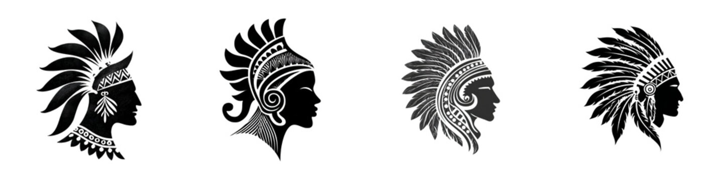 Native American Headdress Silhouettes - Tribal Feathered Warbonnets