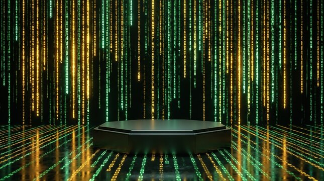 Dark Titanium Stage with Digital Matrix Code Rain Background