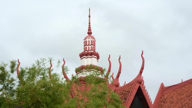 Ornate Khmer-style Buddhist temple roof and decorative tower
