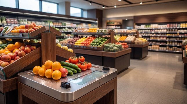Fresh produce displayed on wooden shelves and a digital weighing scale in a grocery store with fruits vegetables arranged wooden shelving units