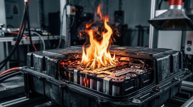 Electric car battery ignites during a fire safety test showcasing thermal runaway.