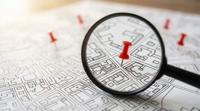 Urban planner examining a city map with a magnifying glass to find a residential construction plot.