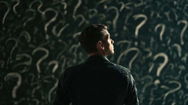 Man contemplating questions with a chalkboard background filled with numerous question marks, symbolizing curiosity, uncertainty, and decision-making.