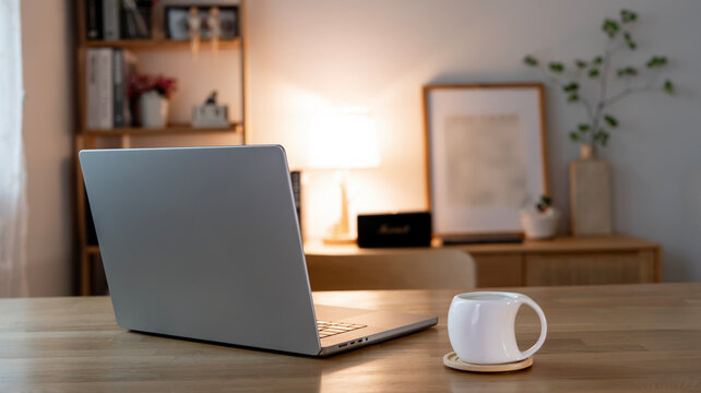 Laptop back view on wooden table with white coffee cup in warm cozy home office