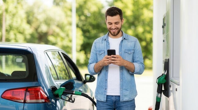 Happy man refills car fuel using a mobile phone app at the station.