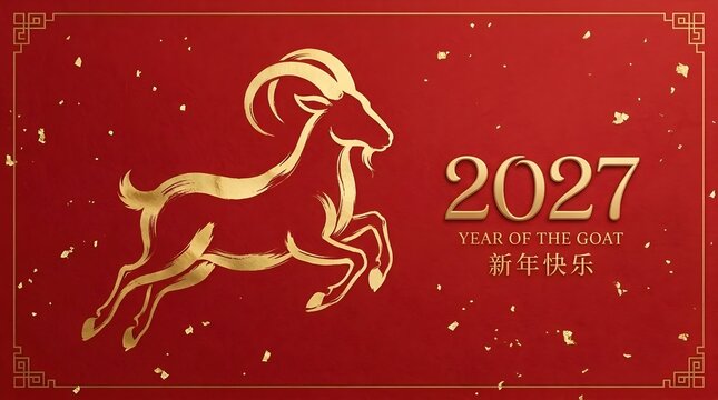 Elegant 2027 Chinese New Year background featuring golden jumping goat on red textured surface with traditional Asian zodiac art and festive ornaments.