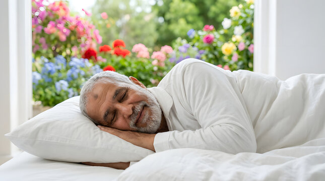 An elderly man peacefully sleeping in a comfortable bed, with a beautiful garden visible through the window