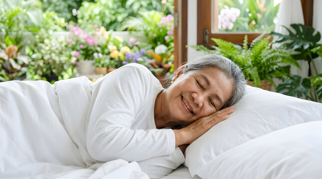 A serene elderly woman peacefully sleeping in a comfortable bed, with a lush garden visible in the background. Her face is relaxed, and a gentle smile suggests a pleasant dream