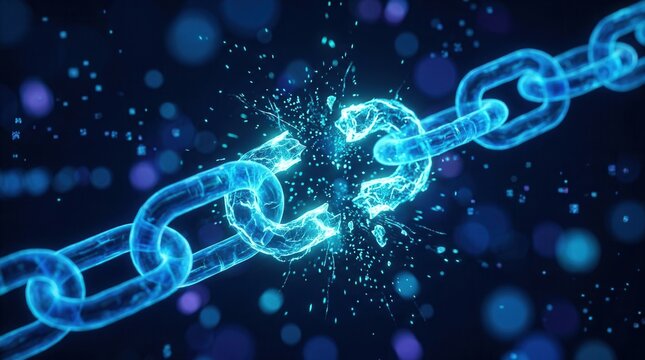 Broken digital chain with a blue glow representing a network connection failure.