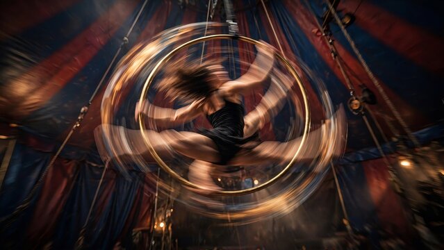 Dynamic motion blur of a female acrobat spinning in a cyr wheel performing inside a classic red and blue striped circus tent, showcasing a fast paced European style performance art occupation