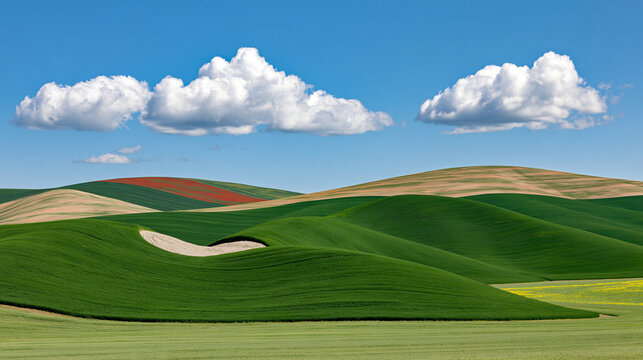 Rolling green hills landscape under a bright blue sky with fluffy white clouds