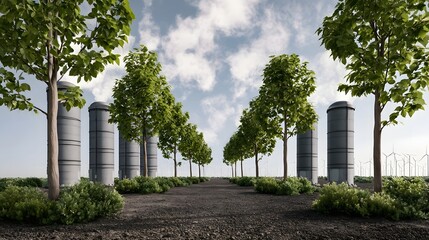 Fototapeta premium Rows of tall cylindrical tanks stand amidst green trees and shrubs under a partly cloudy sky with wind turbines visible in the distance